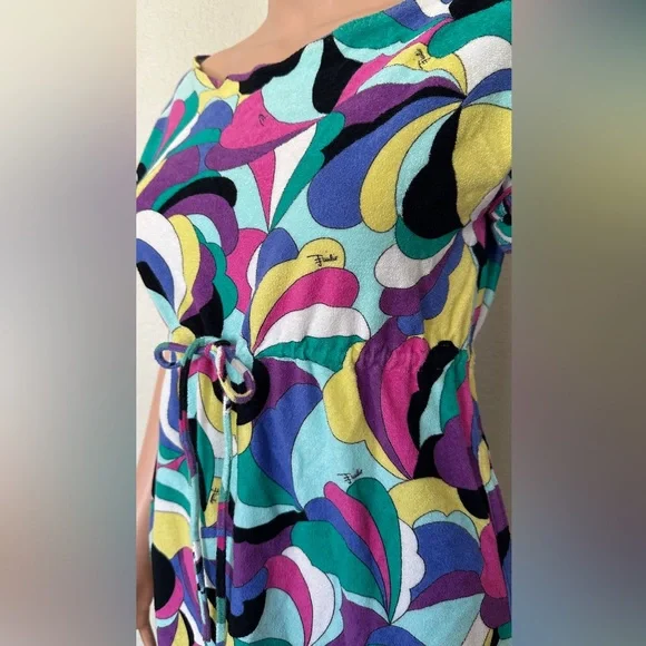 Vintage Emilio Pucci Multicolor Wave iconic Print Terry Cloth Midi Dress